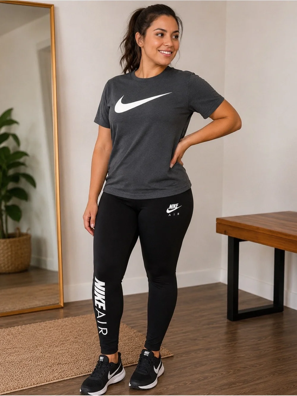Nike Air Women's Black High-Rise Leggings with gray shirt like new outfit